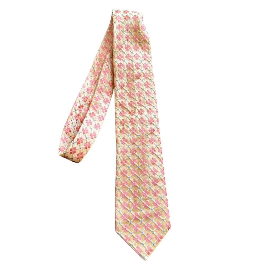 Ike Behar New York Mens Yellow Pink Silk Geometric Hand Tailored Necktie A1280